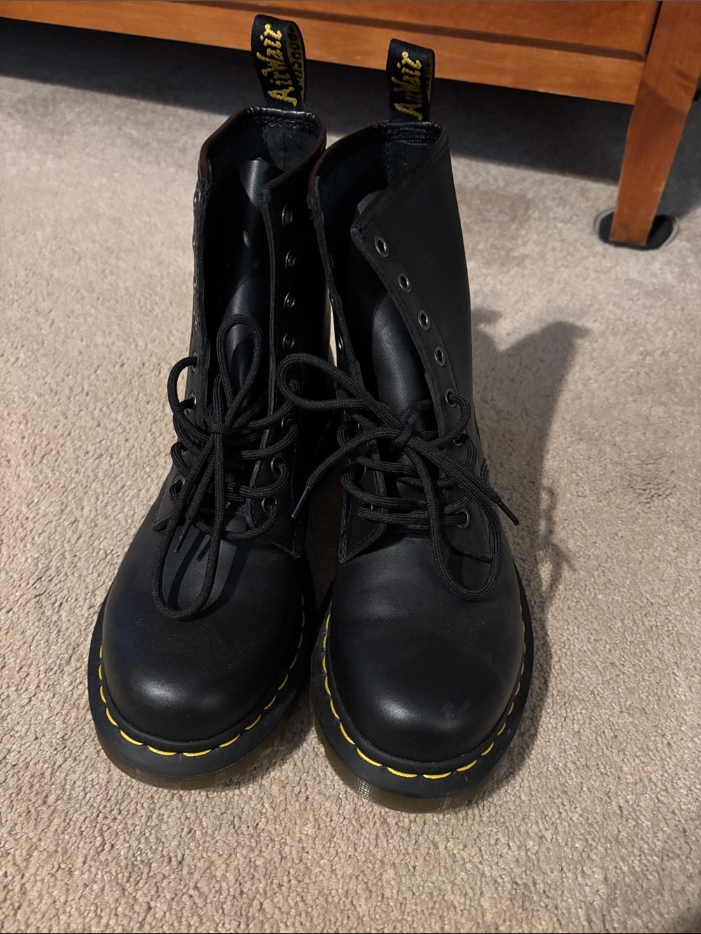 Dr. Martens Black Leather 8-Eye Lace-Up Boots with Yellow Stitching
